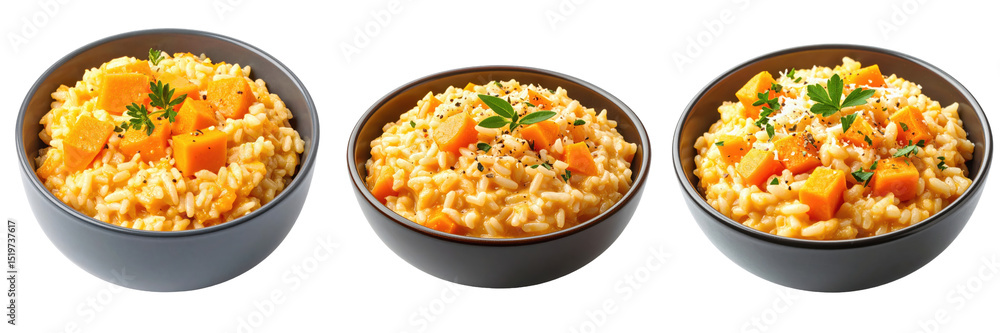 Set of three bowls with creamy pumpkin risotto garnished with herbs and black pepper, isolated on transparency background Set of three bowls with creamy pumpkin risotto garnished with herbs and black pepper, isolated on transparency background