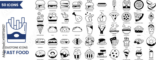 Fast food icon set in duotone style. Containing burger, pizza, hot dog, donut, french fries, sandwich, ice cream, taco, nachos, burrito and more. Vector illustration