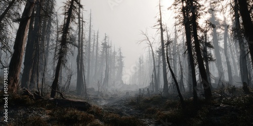 Fototapeta Naklejka Na Ścianę i Meble -  A stunning image of desolate Forest Clearing: A dead forest with scorched trees and blackened earth surrounds an open clearing. Pale light filters through smoke and fog, revealing.