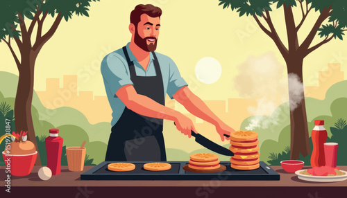 Happy man grilling burgers outdoors at sunset, joyful cooking