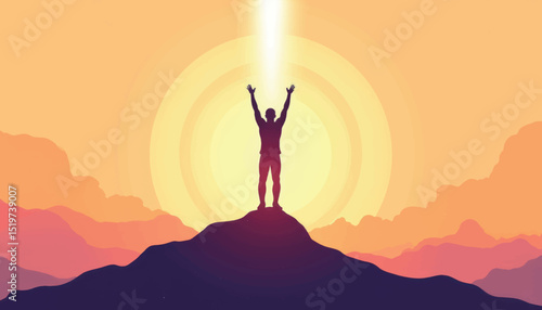 Victorious figure raising arms on mountain peak at sunrise, personal triumph