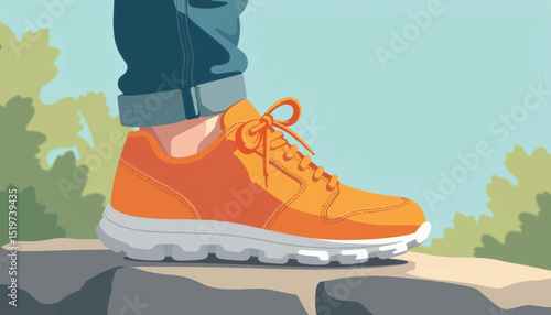 Bright orange sneaker resting on stone, vibrant outdoor adventure