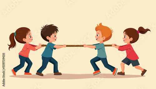 Children joyfully playing tug of war, teamwork and fun