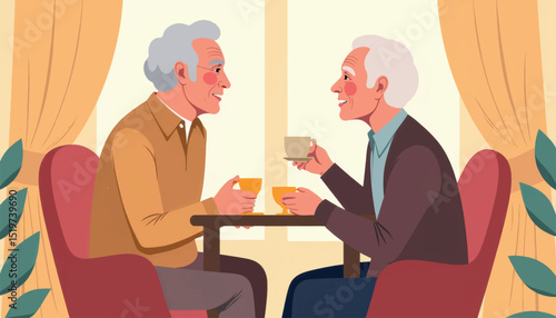 Elderly friends enjoying tea indoors, connection and companionship