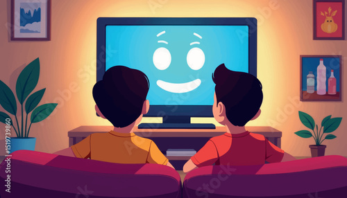 Boys enjoying cartoons on couch at home, family bonding time