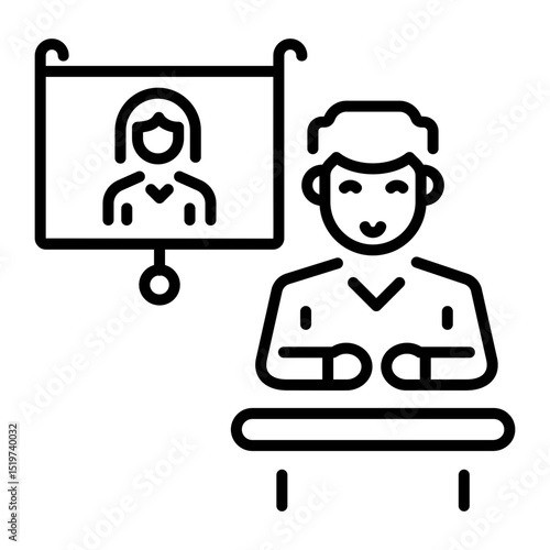 A linear style icon showing a news host 