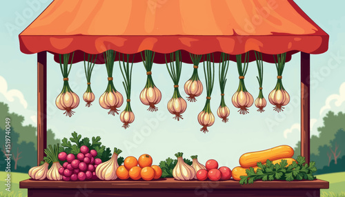 Garlic braids hanging at outdoor market stall, vibrant food display