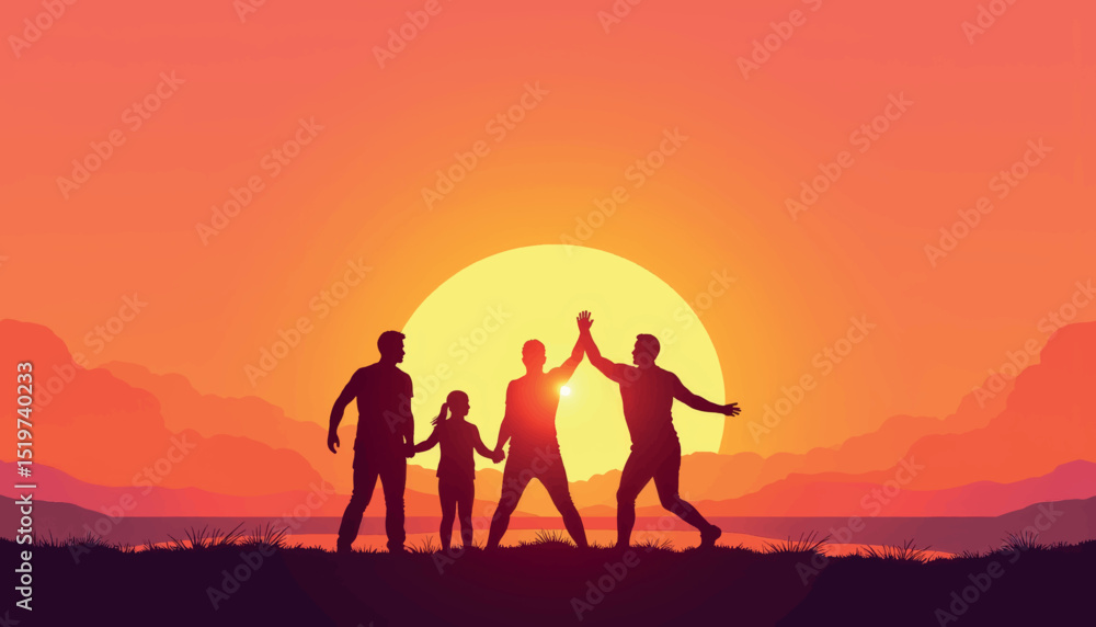 Joyful family celebrating at sunrise, unity and togetherness Joyful family celebrating at sunrise, unity and togetherness
