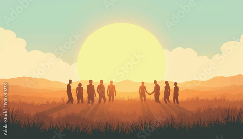 Group of people connecting at sunset in a field, unity and togetherness