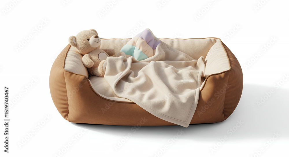 Obraz premium Cozy pet bed with a plush blanket and teddy bear, set on a clean white background 
