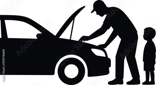 Vector Illustration Father and Son Car Repair Silhouette