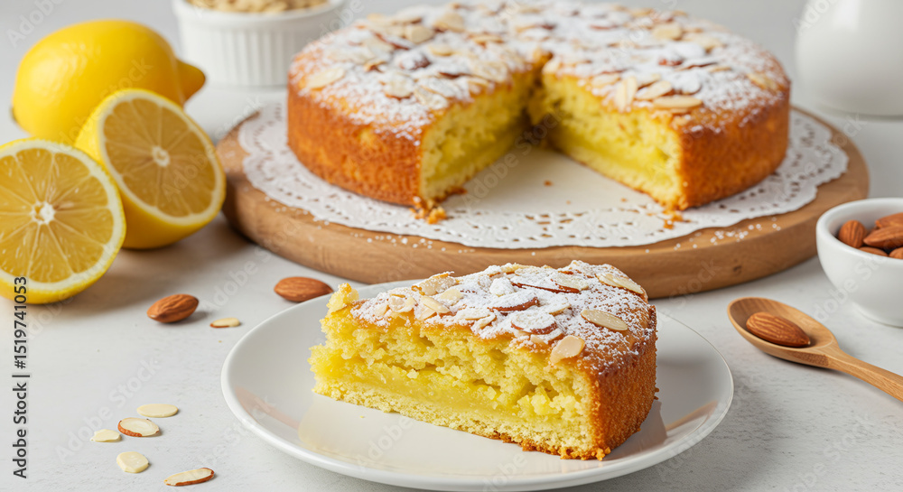 Delicious homemade lemon almond cake with powdered sugar and sliced almonds, served with a slice on a white plate, alongside fresh lemons Delicious homemade lemon almond cake with powdered sugar and sliced almonds, served with a slice on a white plate, alongside fresh lemons
