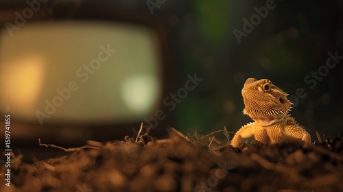 A curious Bearded Dragon lizard watches an old television set.  Concept of technology, nature, pets, and entertainment.
