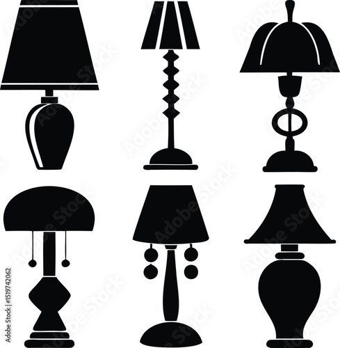 Vector black silhouette icon set of decorative table lamps with various bases and shades perfect for home decor, furniture, interior lighting, room accessories, and modern design projects