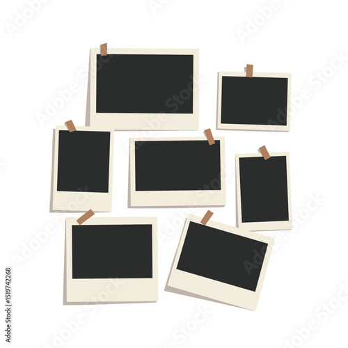 Collection of empty photo frames with adhesive tape.  Set of blank instant photos with beige borders and dark gray inserts.