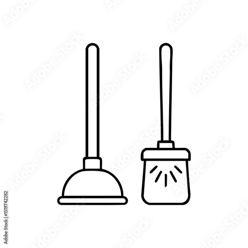 Toilet plunger and brush line icon