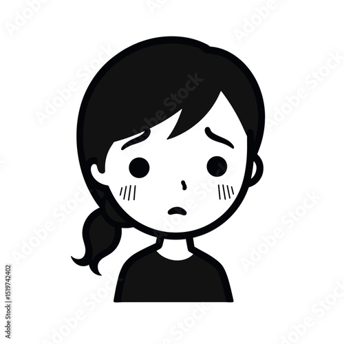 Sad girl icon. Simple black and white illustration of young woman showing sorrow and grief. This image is perfect for designs related to funeral services or pet loss announcements.