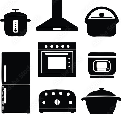 Vector black silhouette icon set of kitchen appliances and cookware including oven, rice cooker, toaster, fridge, extractor hood, and cooking pot — ideal for culinary, food prep, and home kitchen