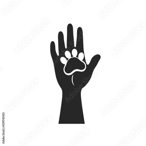 Hand with paw print. Pet loss grief support symbol. Design for pet memorial, sympathy card, or funeral announcement.  Concept image ideal for pet bereavement services.