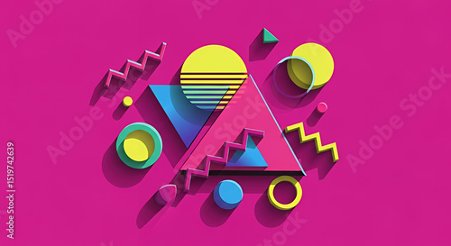 1980s retro style with bold geometric shapes in neon colors on vibrant magenta background, creating dynamic composition