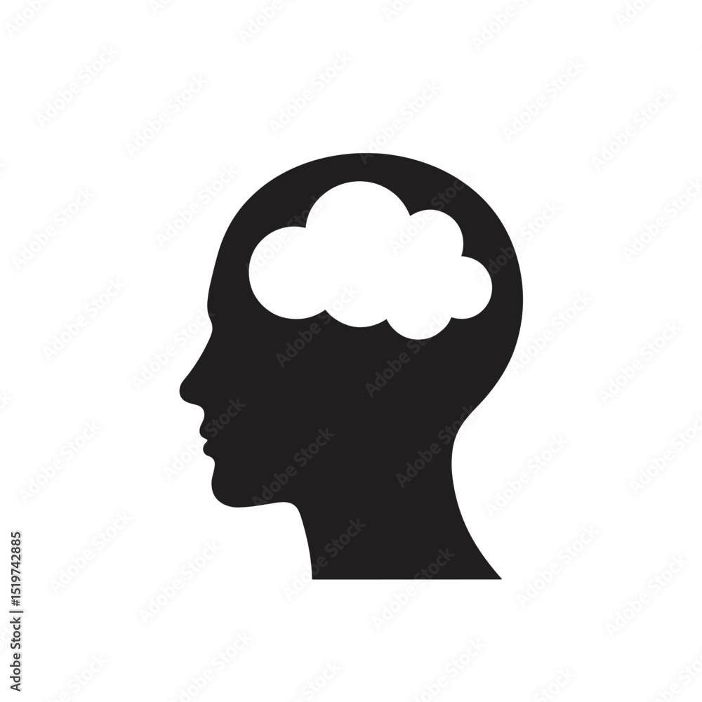 Silhouette head profile with cloud inside. Human head concept symbolizes memory, thoughts, ideas, and dreams. Simple graphic design for remembrance and grief Silhouette head profile with cloud inside. Human head concept symbolizes memory, thoughts, ideas, and dreams. Simple graphic design for remembrance and grief