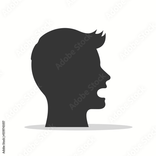 Silhouette of a man with his mouth open. The profile of the head and shoulders shows a person shouting or speaking.