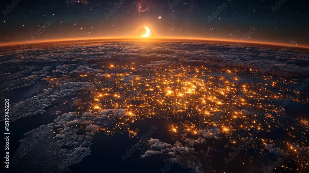 Earth's city lights illuminated during sunset Earth's city lights illuminated during sunset