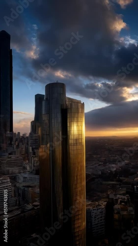 Wallpaper Mural Metropolitan skyscrapers tower against an orange-tinted sky at sunset. Modern buildings create an urban skyline with bright rays Torontodigital.ca