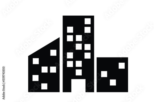 Icon Office Building. A simple, black and white icon depicting a modern office building in perspective.
