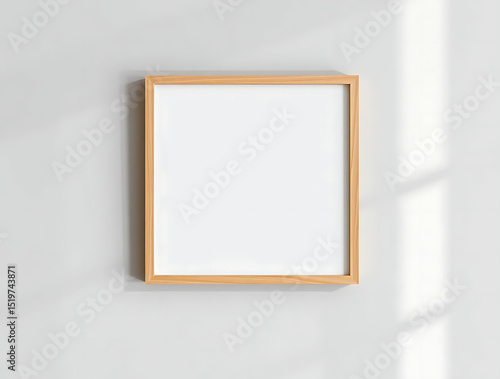 A Square Wooden Picture Frame With A Blank White Interior Hangs On A Light Gray Wall, With Soft Window Light Casting Shadows, Mockup, Home Decor, Art Display
