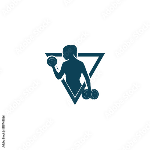Fitness woman silhouette with dumbbells inside triangle gym logo design