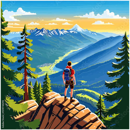 A hiker standing on a mountain peak, admiring the majestic mountain range view.