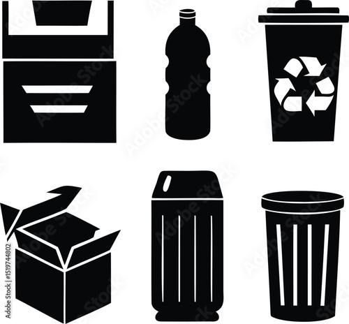 Vector black silhouette icon set featuring cardboard boxes, plastic bottles, trash bins, and recycling containers perfect for packaging, waste segregation, sustainability, and environmental design