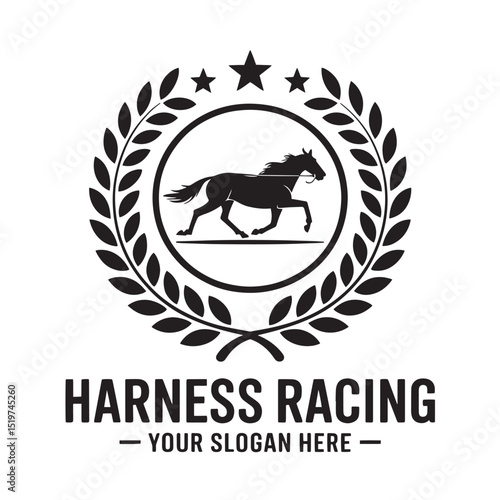 Harness racing logo design with running horse and laurel wreath