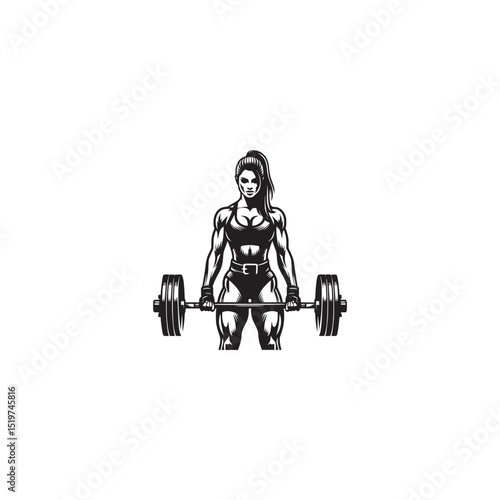 Strong woman lifting barbell in gym black and white illustration