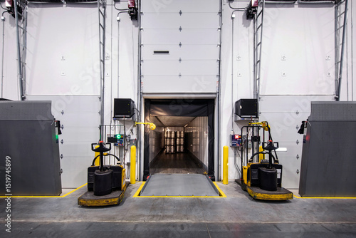Fotografie Interior of warehouse loading dock, with truck parked loading and two electric f