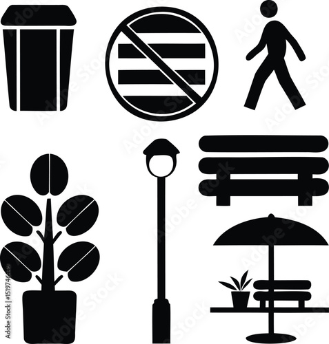 Vector black silhouette icon set of public park and city elements including trash bin, potted plants, streetlamp, benches, pedestrian, and no-parking sign perfect for urban space, recreation, and si