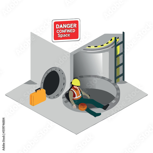Worker collapses near confined space entrance from lack of ventilation and permit control in an isometric cartoon safety failure scenario.