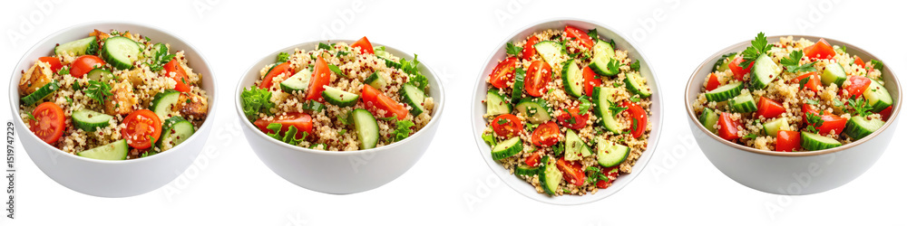 Quinoa salad with cucumber and tomato in white bowl, fresh healthy meal with herbs and seeds, isolated on white Quinoa salad with cucumber and tomato in white bowl, fresh healthy meal with herbs and seeds, isolated on white