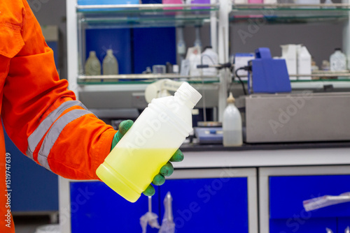 Fototapet Close up worker and in protective gear holding chemical PH  buffer solution liquid in laboratory