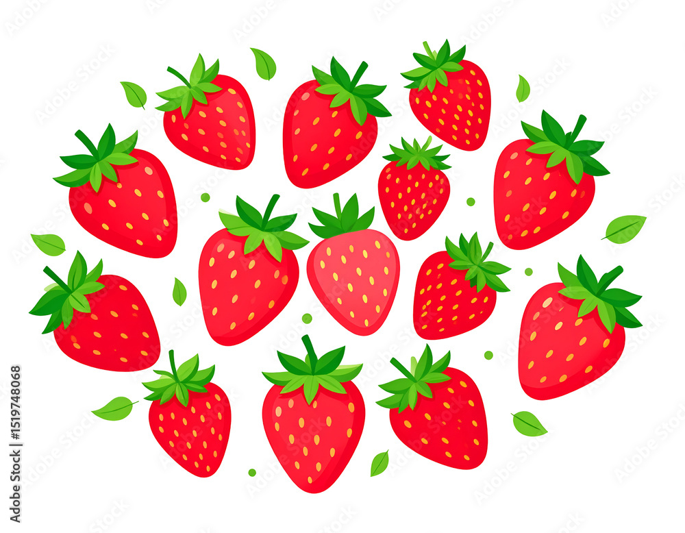 A cluster of ripe, red strawberries with green leaves, arranged in a heart shape A cluster of ripe, red strawberries with green leaves, arranged in a heart shape