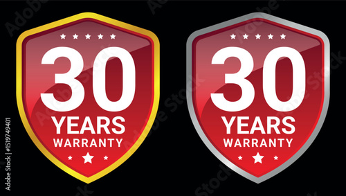 red and silver 30 years warranty badges with shield shapes and stars used for long-term product guarantee	