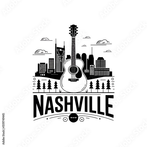 Nashville Skyline A Stylized Black and White Guitar Illustration