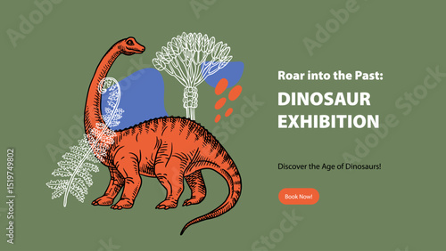 Hand drawn dinosaur illustration. Vector sketch isolated prehistoric animal. Historical museum exhibition design poster