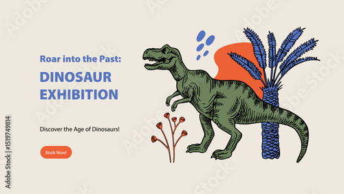 Hand drawn dinosaur illustration. Vector sketch isolated prehistoric animal. Historical museum exhibition design poster