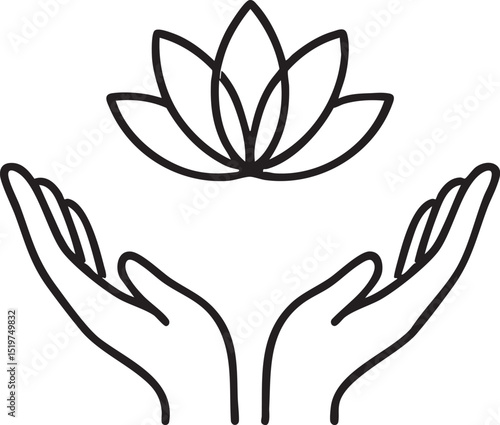 Simple Line Art of Hands Holding a Lotus Flower black line drawing two hands