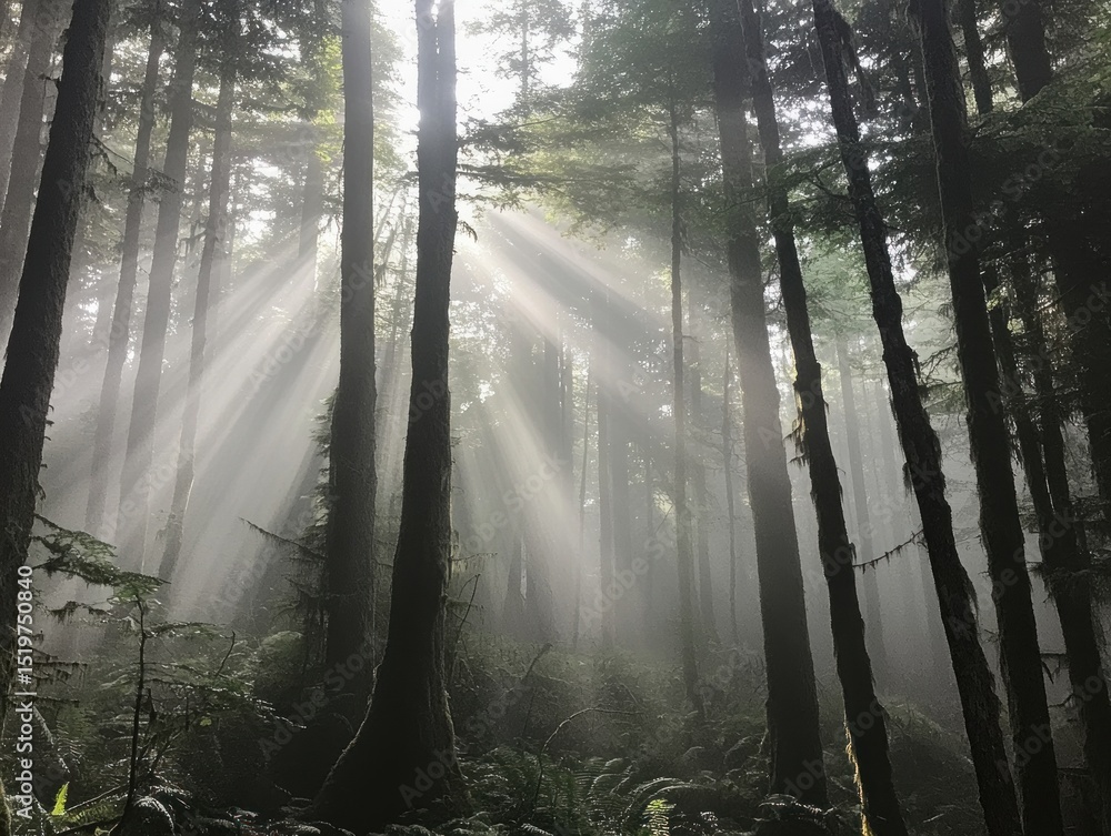 Obraz premium A dense foggy forest with sun rays peeking through trees