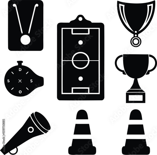 Silhouette vector icons of sports equipment and elements including trophy, stopwatch, whistle, traffic cone, medal, coaching board, and megaphone for competition, training, and game day design use