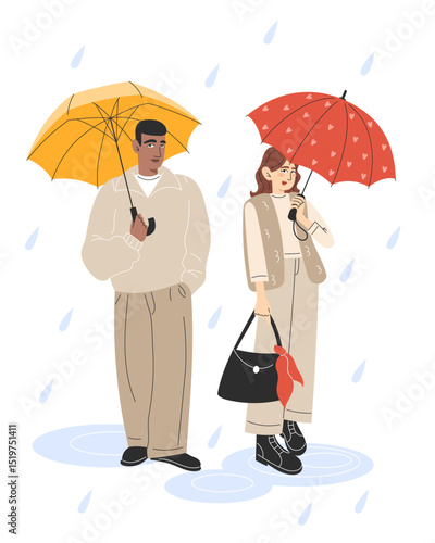 Young multiracial couple standing under umbrellas in the rain. Flat vector illustration on white background