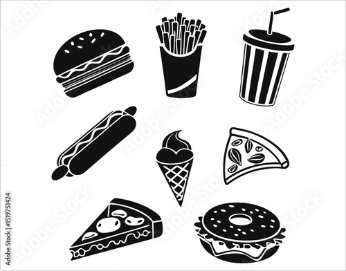 Black Fast Food Icons on White Background